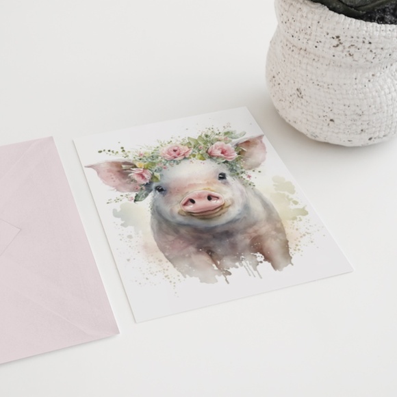 Watercolor Cute Floral Farm Pig Wall Art Illustration Print Poster Unframed - Picture 7 of 7